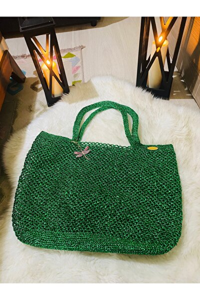 NEŞELİ HOME El Örgüsü,File Plaj veya Günlük Çanta,Parlak Kağıt İpten,Büyük boy