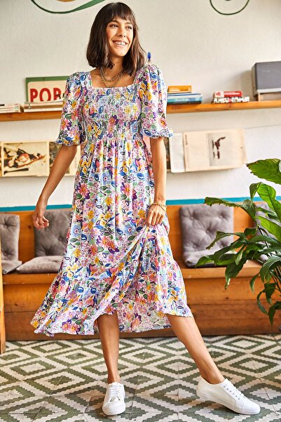 Olalook Γυναικείο πολύχρωμο ελαστικό casual υφασμένο φόρεμα βισκόζης ELB-19001483