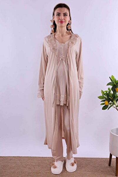 ByLohusa Effortt Kahverengi Sabahlıklı Hamile Lohusa Pijama Takımı