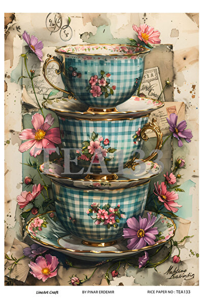 LİNEART Tea,Çaydanlık,Fincan ,Kitap, Çiçekler Deseni TEA Serisi Pirinc Dekopa...