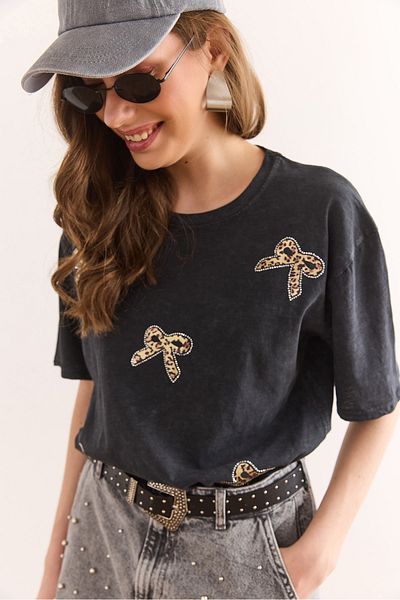Olalook Tricou de damă, antracit, cu fundă leopard, cu paiete, spălat, TSH-19000880