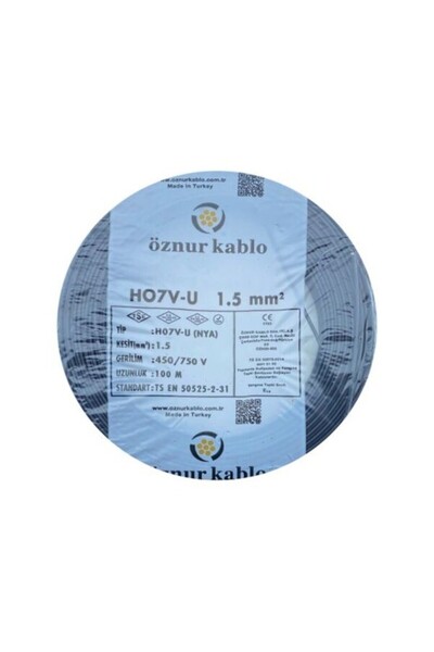 ÖZNUR Öznur 1.5 mm Nya %100 Bakır Tek Damar Kablo Siyah Renk 1 Top 100 Metre