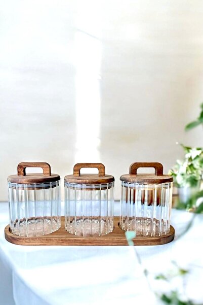 GLAMZE 3'lü Akasya Standlı Vakum Kapak Cam Kavanoz Kavanoz Seti