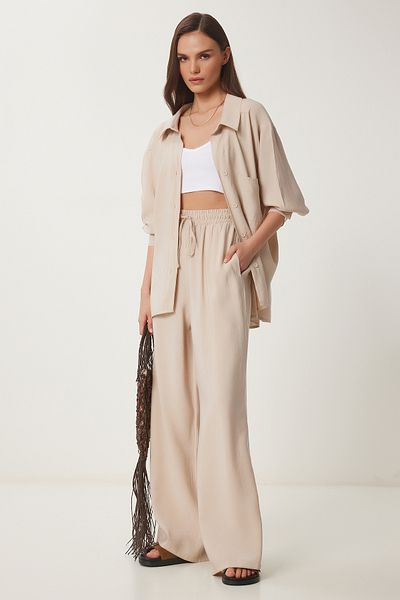 Lovelyİstanbul Oversize Modal Shirt Pants Set Bej Ldp0038