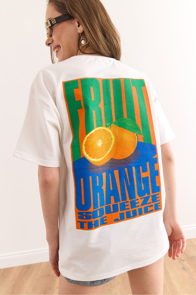 Olalook Women's Orange White Front Back Printed Comfortable Fit 2 Thread T-Shirt Tsh-19000887