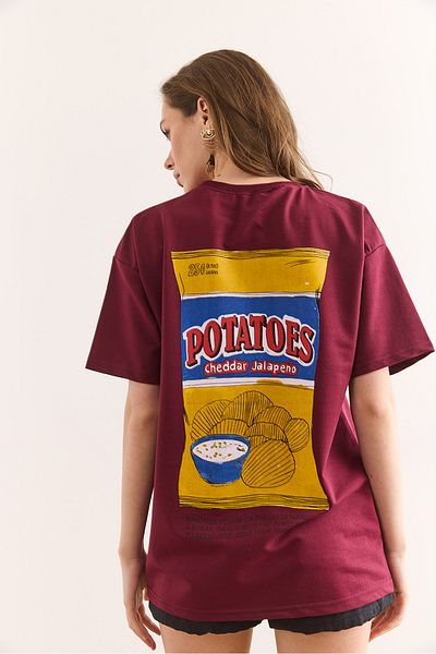 Olalook Tricou Chips de damă, roșu claret, cu imprimeu în față și în spate, cu 2 fire, TSH-19000887