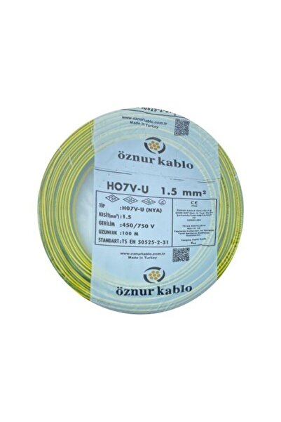 ÖZNUR 1.5 mm Nya %100 Bakır Tek Damar Kablo Sarı-Yeşil Renk 1 Top 100 Metre