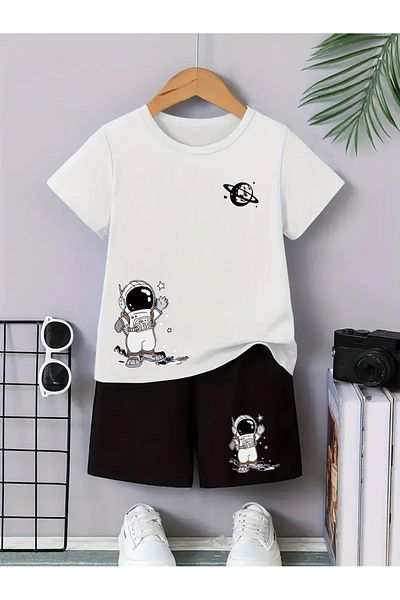 Eysaah Set de pantaloni scurți premium pentru tricou cu guler de ciclism pentru copii cu imprimeu Astronaut World