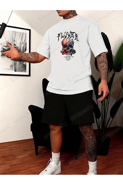 EFFRENATU Trendi Clothing Különböző színű és nagy méretű nyomott póló és rövidnadrág szett
