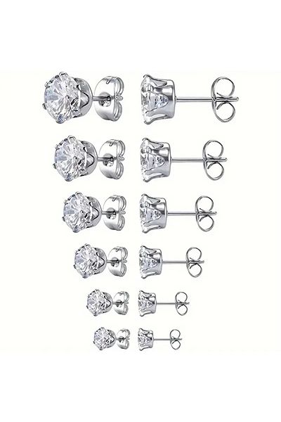 HDCreativeDesign Set of 6 Shiny Cubic Zircon Hypoallergenic Stainless Steel Nail Earrings