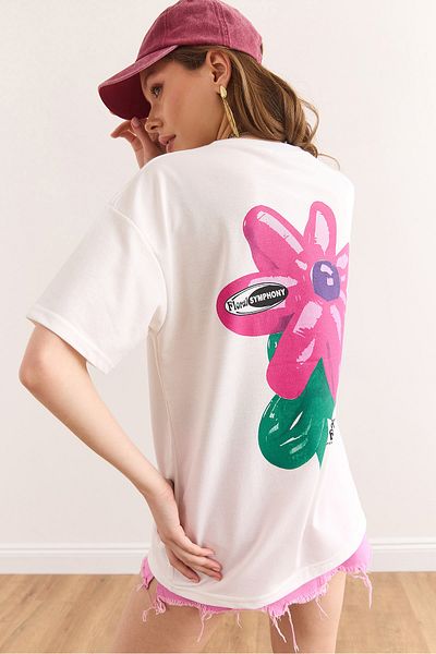 Olalook Tricou cu 2 fire pentru femei, alb, cu imprimeu în față și în spate, cu 2 fire TSH-19000887
