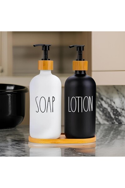 Porselen 2'li Sabunluk + Losyonluk Seti 500Ml Bambu Detaylı
