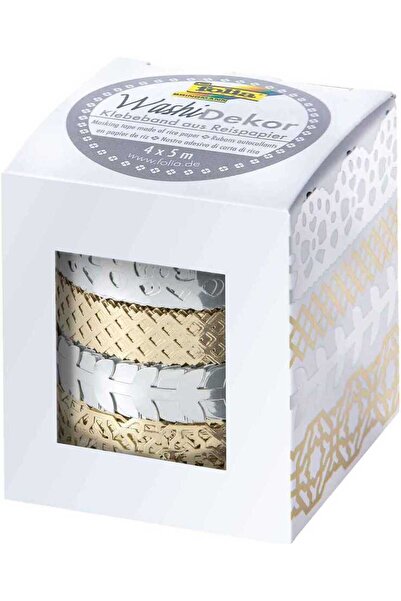 Folia Set de 4 benzi Washi cu bordură din dantelă, culoare argintie și aurie