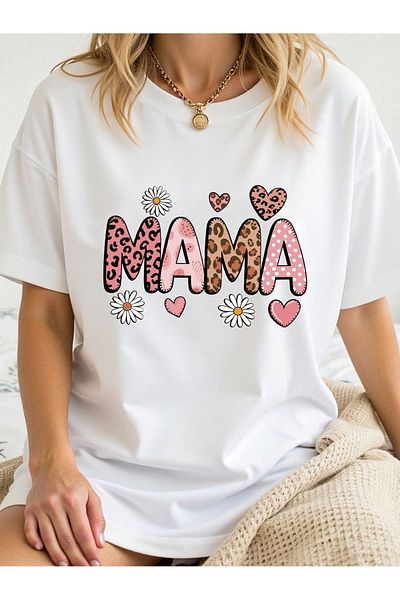 VBSVİBES Λευκό μπλουζάκι Leopard Mama με στάμπα μονό ζέρσεϋ - Μπλουζάκι με λαιμόκοψη μεγάλου μεγέθους