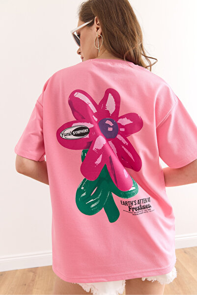 Olalook Γυναικείο μπλουζάκι με λουλούδια ροζ μπροστά και πίσω με άνετη εφαρμογή 2 κλωστών TSH-19000887