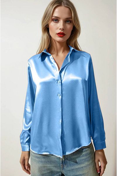 hazelin Cămașă de damă, albastru gheață, ușor drapată cu suprafață de satin Hzl22w-bd139641