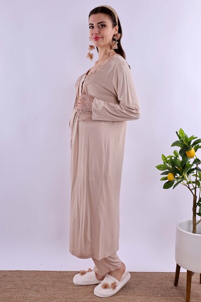 ByLohusa Effortt Kahverengi Sabahlıklı Hamile Lohusa Pijama Takımı