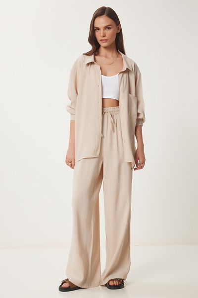 Lovelyİstanbul Oversize Modal Shirt Pants Set Bej Ldp0038