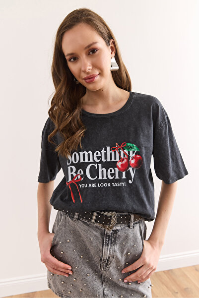 Olalook Women's Anthracite Cherry Washed T-Shirt Tsh-19000883