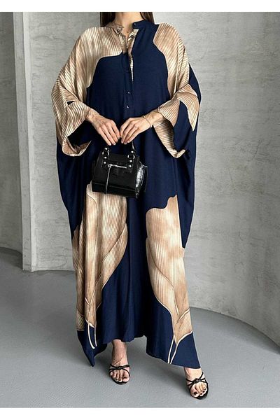 QUAWEAR Round Crew Neck Bat Sleeve Off Shoulder Print Full Length Dress
