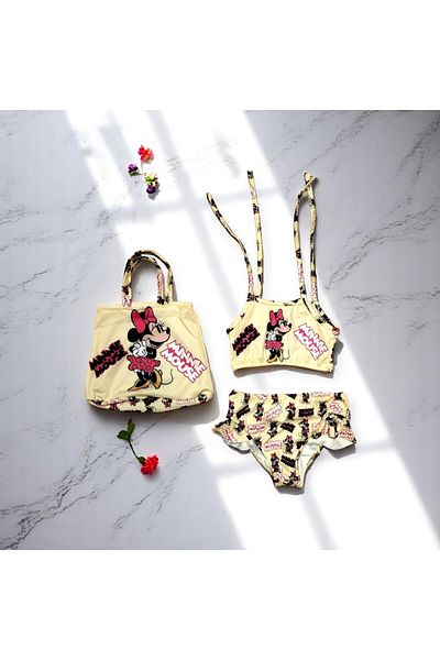 MİLAYS LİFE HOME COLLECTİON Milays Girls Printed Skirt Bag with Crotchet Ip Binding and 3Pcs Swimsuit Bikini Suit