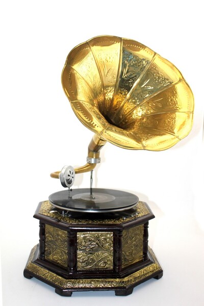 NW NessiWorld Ahşap Sekizgen Gramofon Taş Plak Çalar Metal Kaplamalı