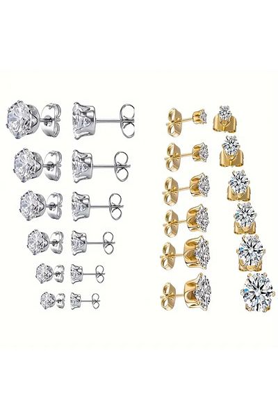 HDCreativeDesign Set of 6 Shiny Cubic Zircon Hypoallergenic Stainless Steel Nail Earrings