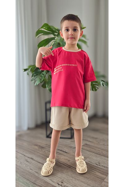 My Baby's World Claret Red T-Shirt Text Detailed Double Color Collar - Stone Color Shorts Boy's Cotton Summer Suit Mtye0076