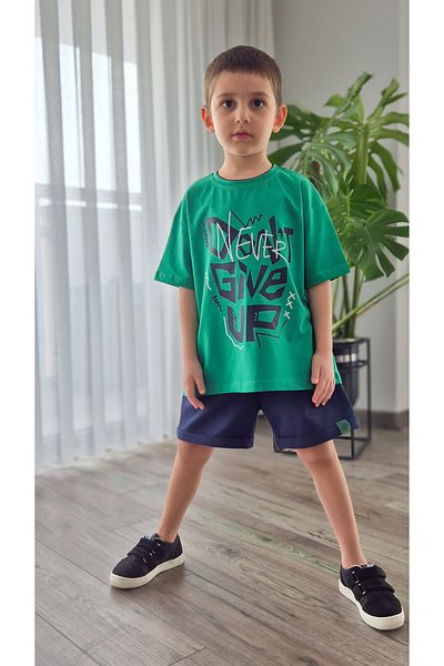 My Baby's World Dont Never Green Navy Blue Label Detailed Double Color Collar Cotton Boy's Summer Suit