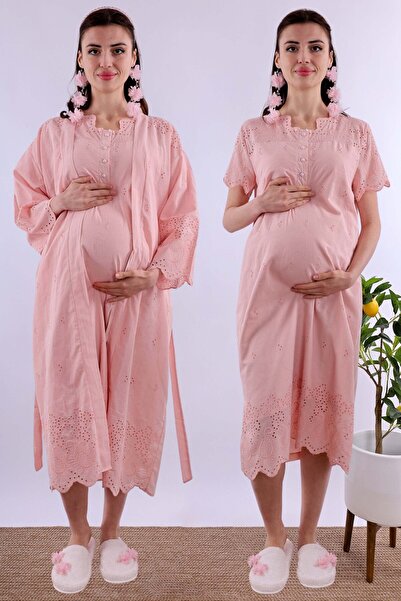 ByLohusa Set cămașă de noapte de maternitate Effortt Powder festonată cu halat