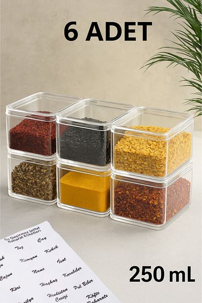 Serin Bardak 6-Piece 250 ml Vacuum Acrylic Spice Bowl Set Storage Container (WITH 30 PIECES TRANSPARENT LABEL GIFT)