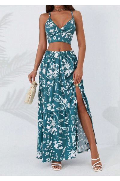 Modayakamoz New Season Women's Stylish and Comfortable Summer Women's Strappy Crop and Skirt Two-Piece Set