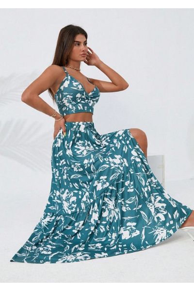 Modayakamoz New Season Women's Stylish and Comfortable Summer Women's Strappy Crop and Skirt Two-Piece Set