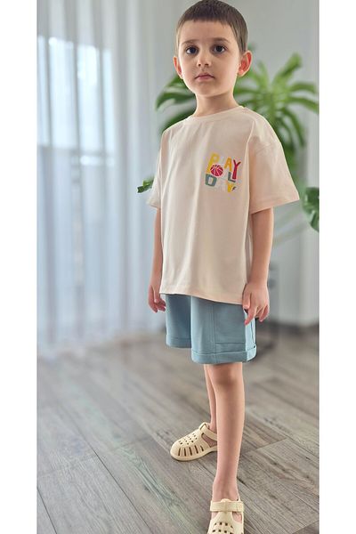 BALKABAĞI Play Day Pink T-Shirt Blue Shorts Boys Summer Cotton Suit Mtye0077