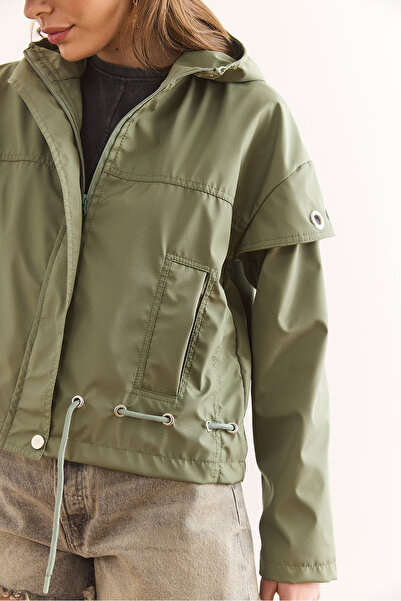 Olalook Kadın Haki Astarlı Kuşgözü Detaylı Yağmurluk Ceket CKT-19000442