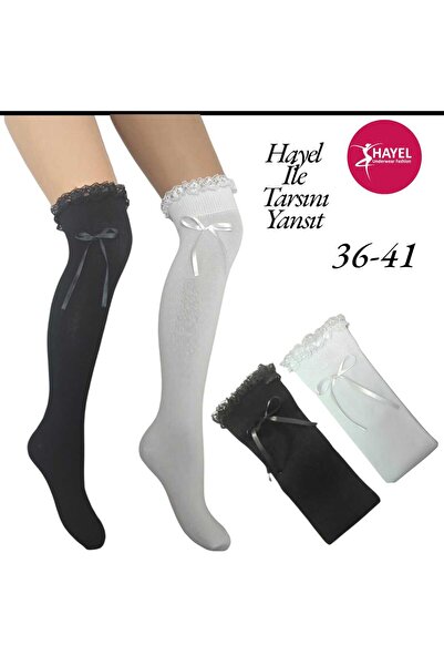 HAYEL 2 Çift Kadın Beyaz Siyah Diz Üstü Dantelli Fiyonklu Yüksek Kaliteli Pamuk Penye Çorap