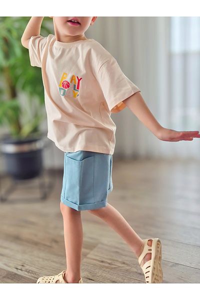 BALKABAĞI Play Day Pink T-Shirt Blue Shorts Boys Summer Cotton Suit Mtye0077
