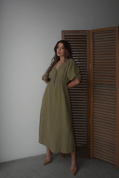 MAXXANA V-Neck Muslin Fabric Short Sleeve Midi Dress with Elastic Waist