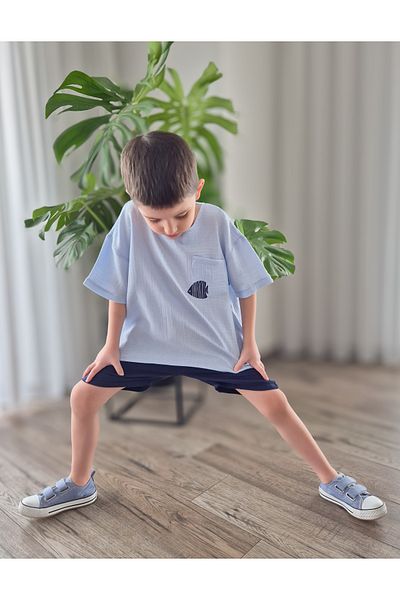 My Baby's World Fish Ice Blue / Navy Blue Muslin 100% Cotton Natural Fabric Summer Boy's Suit Mtye0080