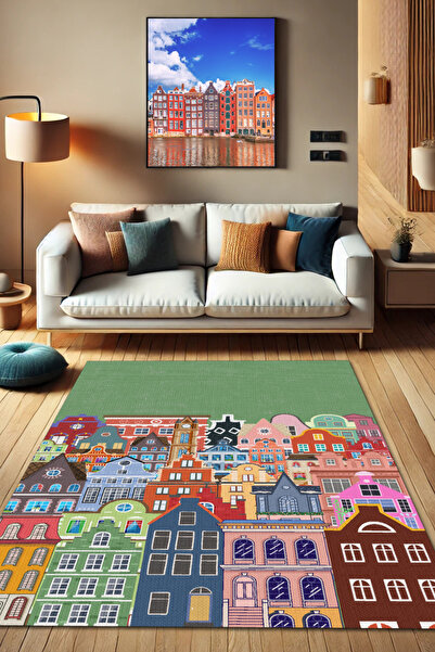 The Reef Design Amsterdam Şehir Desenli Dokuma Tabanlı Kaymaz Halı Dijital Ba...