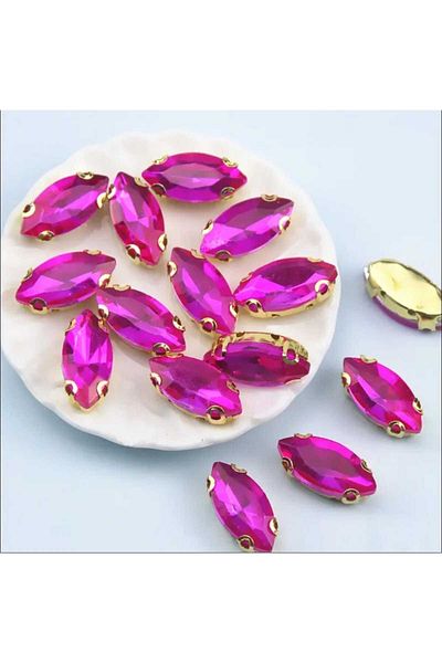 yiğit aksesuar 20 Pieces 7X15 (1.5cm) Shuttle Stone Fuchsia Sewing Glass with Gold Case