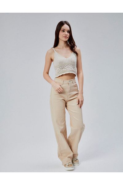 geenz manifacture Cindy Γυναικείο ψηλόμεσο Lycra Beige Jeans Loose Beige Jeans Παντελόνι Palazzo Julia