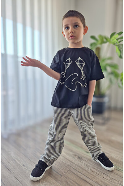 BALKABAĞI Мюселинени панталони с хвърчила на райета Черен комплект тениска с ...