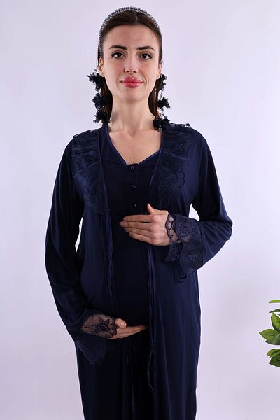 ByLohusa Effortt Navy Blue Maternity Pajama Set with Dressing Gown