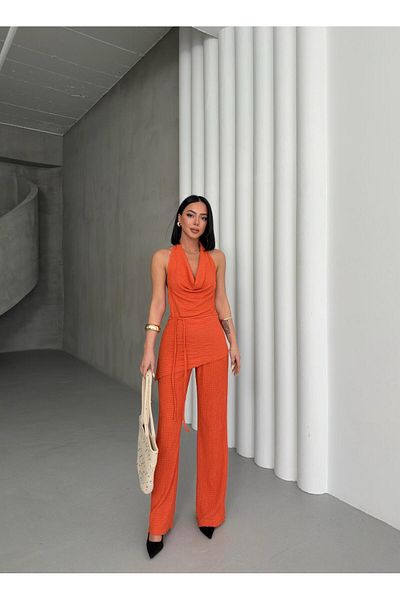 aytenli Flounce Collar Triangle Cut Back Open Lace up Top Elastic Waist Fitted Palazzo Pants Suit with Pockets