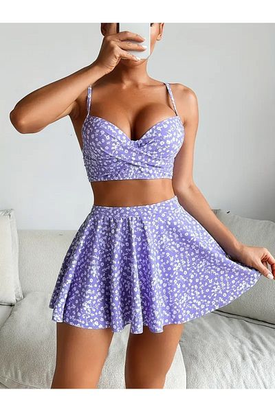 Behills Bikini din trei piese și fustă de plajă cu model floral - Set de costume de baie de vară