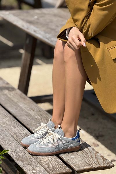NİŞANTAŞI SHOES Γυναικεία αθλητικά παπούτσια με κορδόνια Myla Stone Grey Suede Mesh με λεπτομερή επίπεδη σόλα