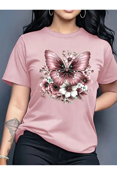 GALASHOP Kadın Pink Butterfly & Floral Print T-Shirt