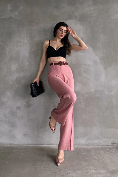 Caddebostan Moda Γυναικείο λινό παντελόνι με ζώνη στη μέση 100% βαμβάκι