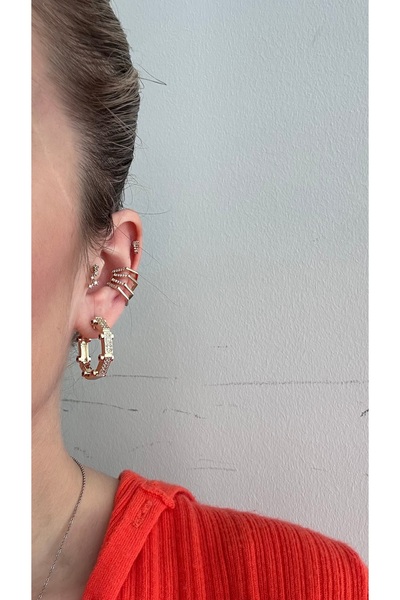 Tasarım Altıgen Taşlı Gold Serenay Küpe